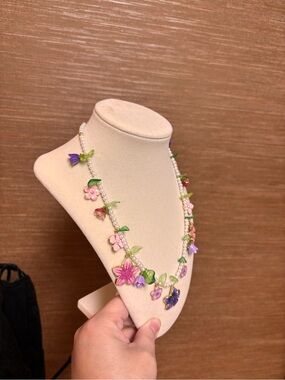 NewSping Floral Enamel Pearl Necklace in Pink, Purple & Green adjustable length
